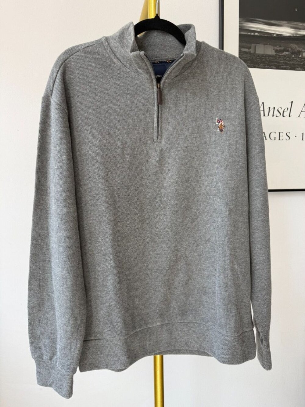 US Polo Assn Mens L Grey Quarter 1/4 Zip Textured Knit Sweater Pullover Cotton